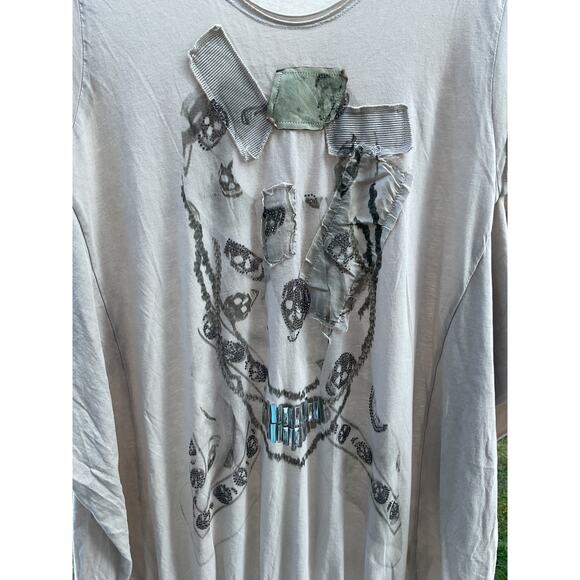 Babylon Collection Womens Taupe Skull Sequin Cotton/Silk Short Sleeve Shirt SZ M - Picture 3 of 8